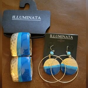 Illuminata Blue Green Gold Jewelry Set Bracelet & Earrings